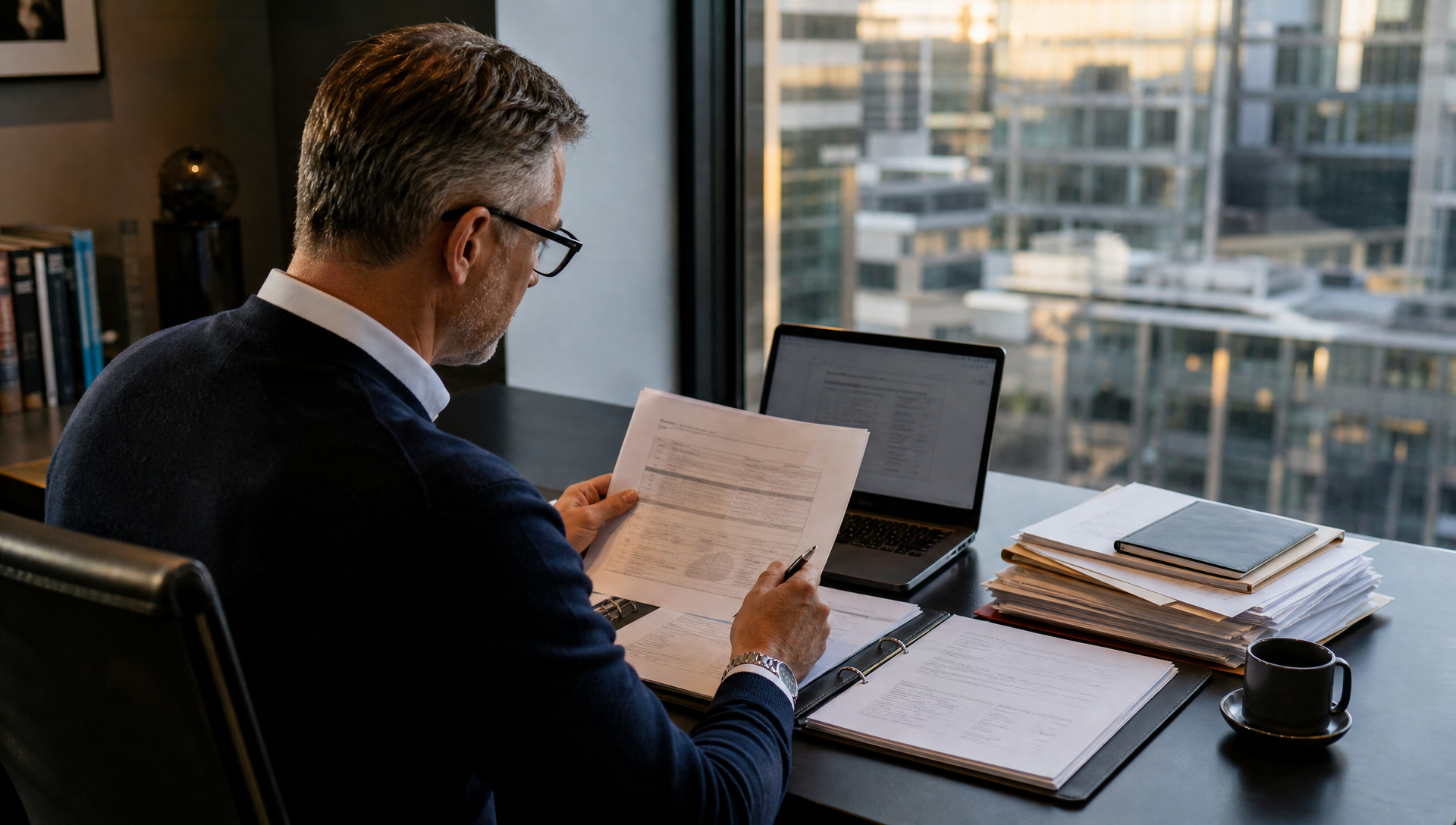 Tax specialist reviewing a complex SARS matter in a formal executive office.