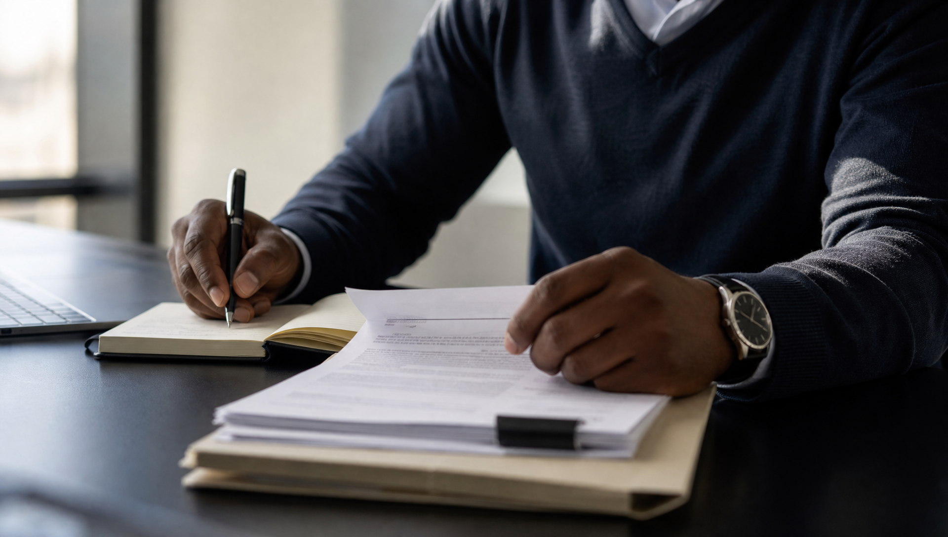 Professional case-review detail in a restrained South African office environment.