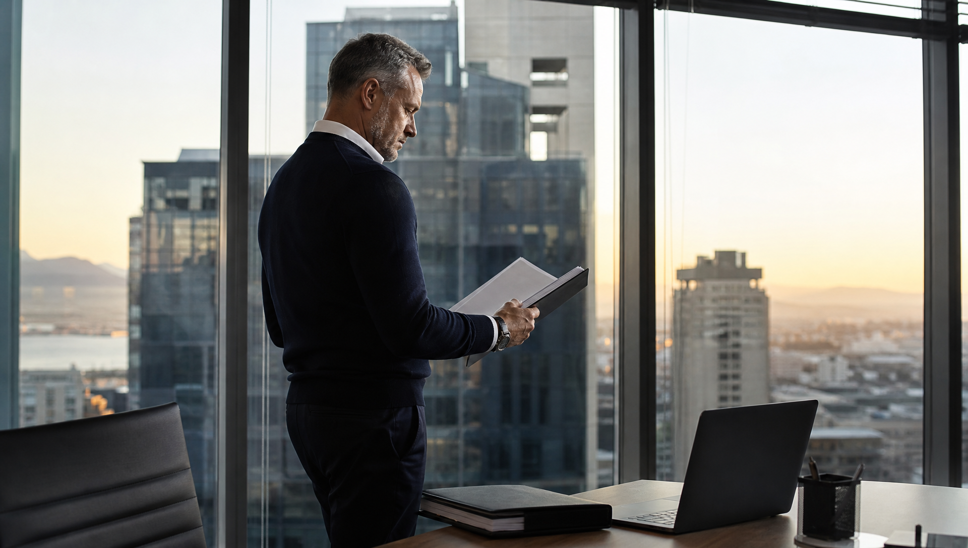 Senior South African professional in a modern glass office setting.