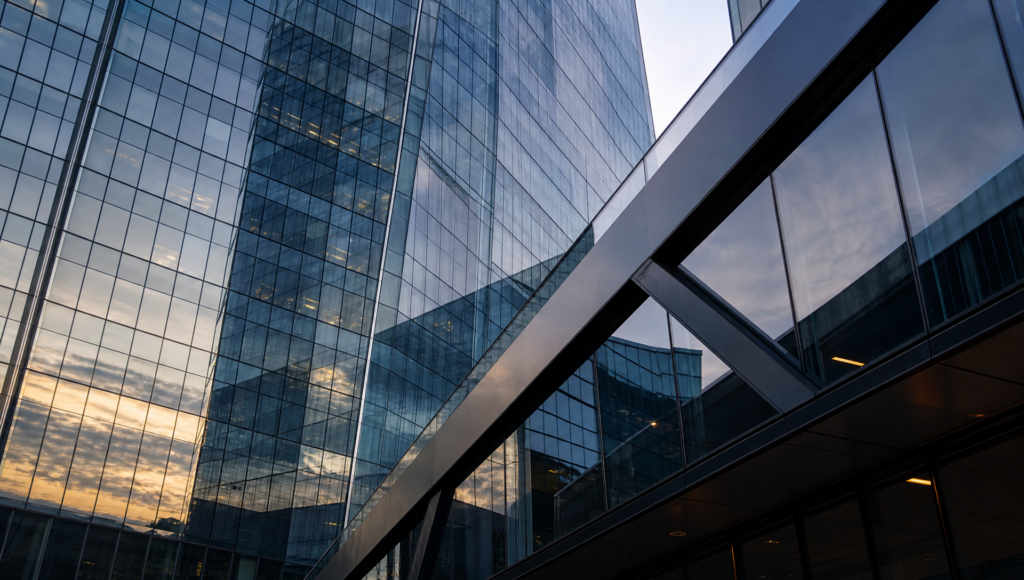 Angular modern South African glass office towers with clean lines and a restrained corporate feel.