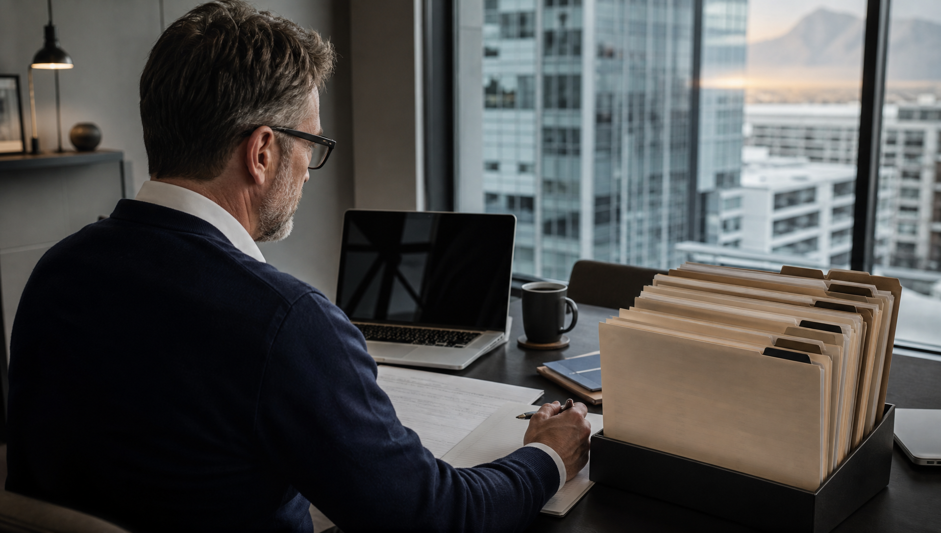 Professional reviewing information for a voluntary disclosure matter in a modern office.