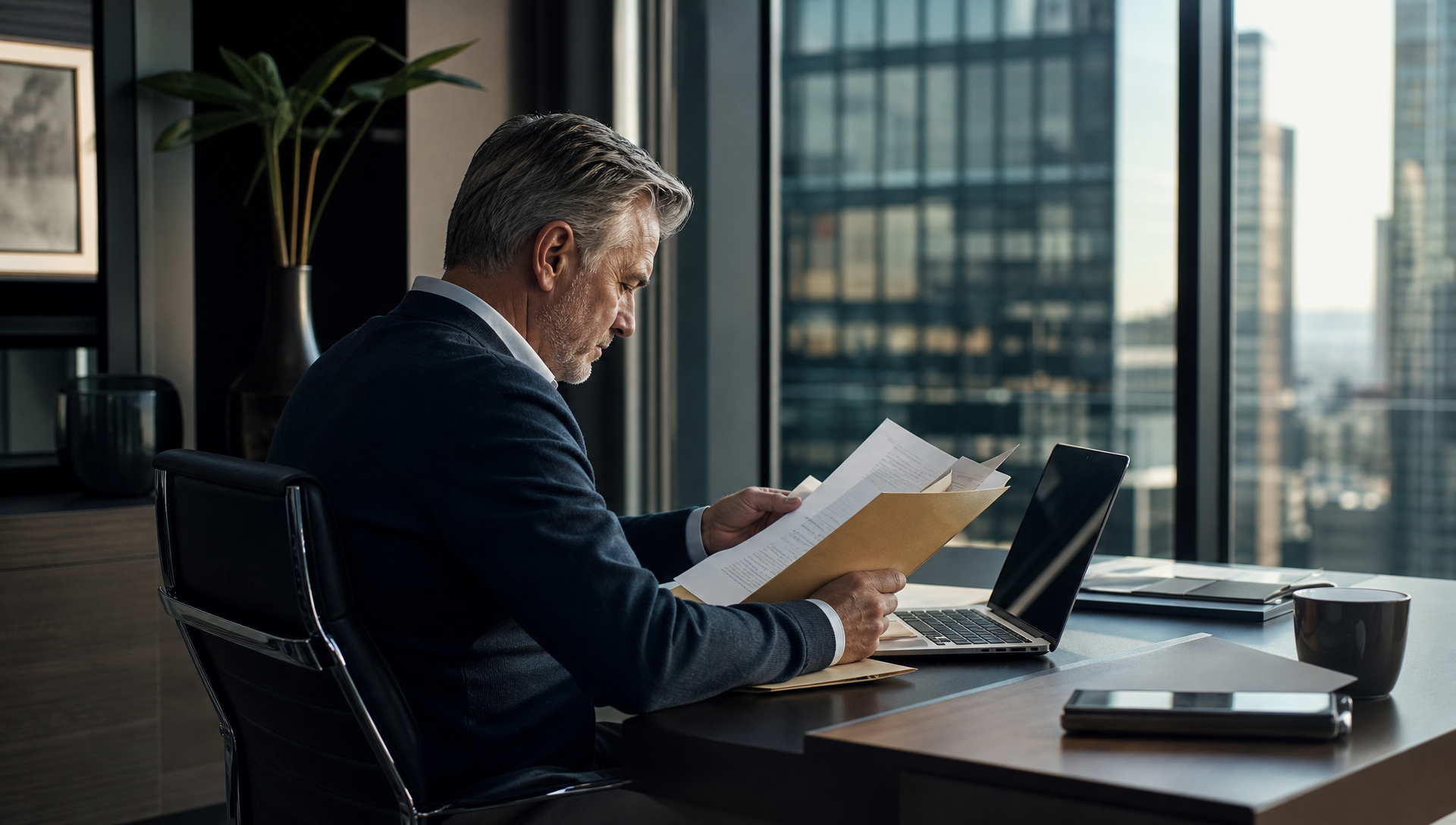 Senior South African professional working in a modern corporate office.