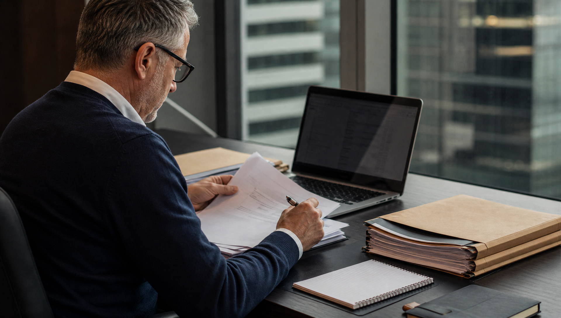 Tax specialist reviewing evidence and correspondence in a modern corporate office.