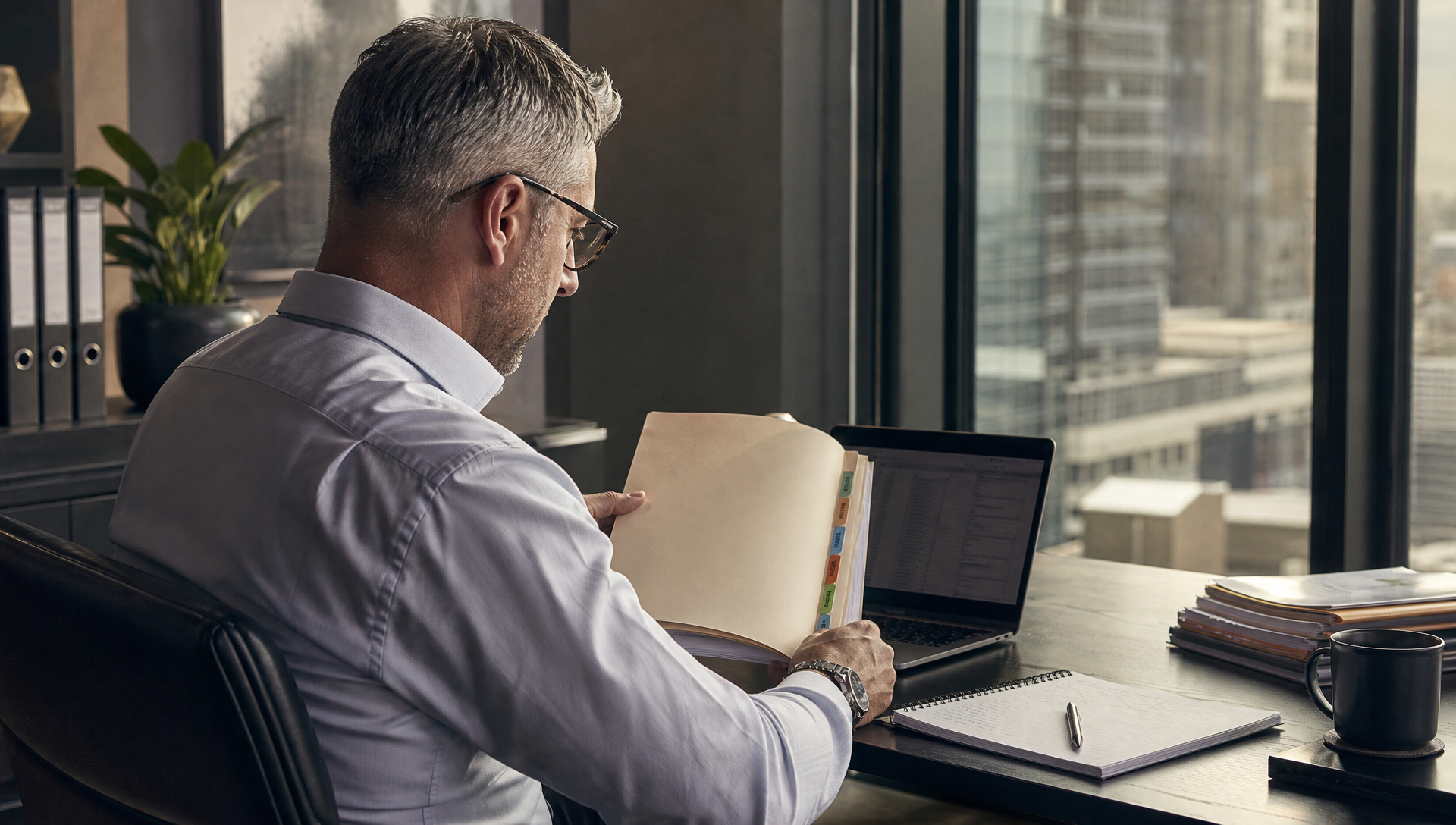 Tax professional reviewing evidence for a serious SARS matter in a modern office.