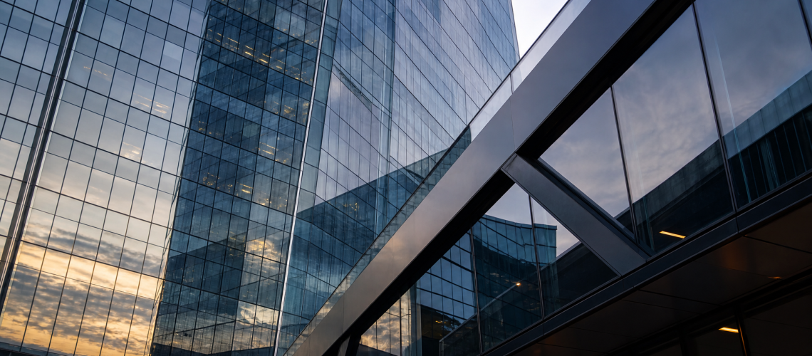 Angular modern South African glass office towers with clean lines and a restrained corporate feel.
