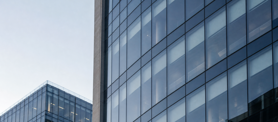 Modern glass corporate architecture with clean geometric lines and a restrained professional feel.