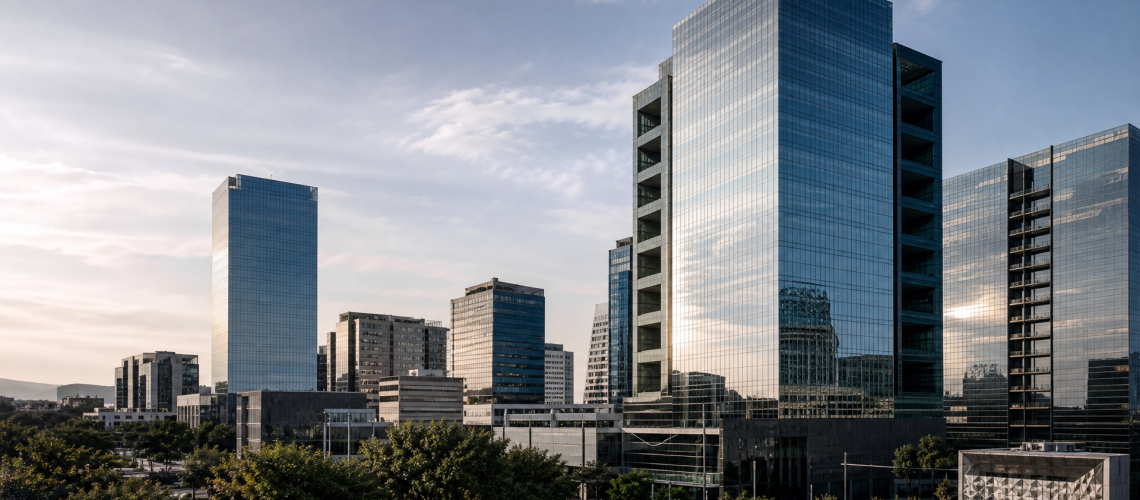 Modern South African glass office architecture with clean geometric lines and a premium corporate feel.